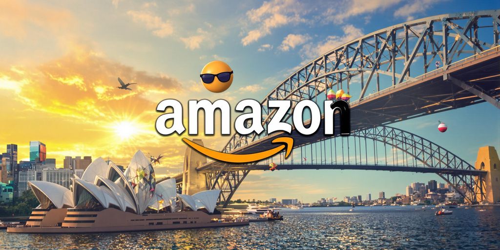 Amazon logo alongside Australian landmarks.